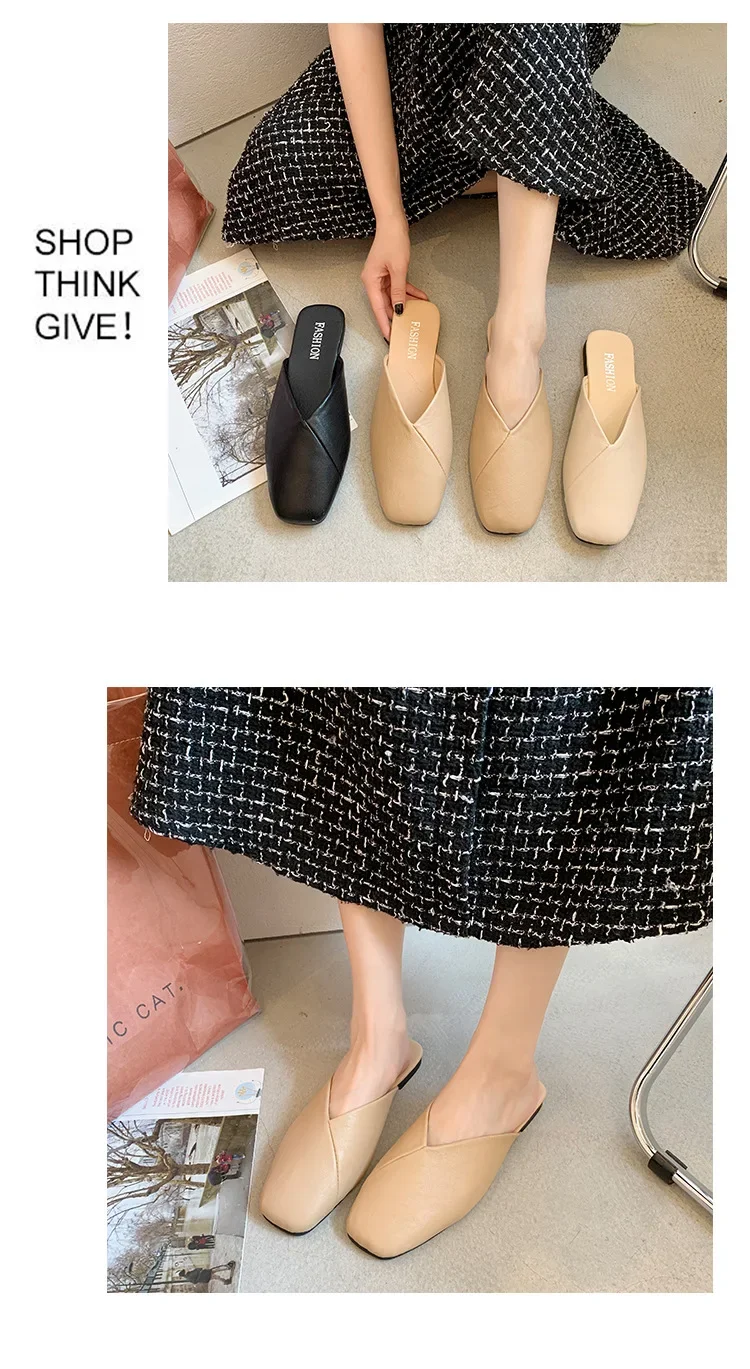 Frauen Maultiere 2024 Sommer Elegante Platz Geschlossene Zehe Flache Hausschuhe Weibliche Schuhe Casual Leder Schwarz Weiß Rutschen Plus Größe 35-43 – Detail 4