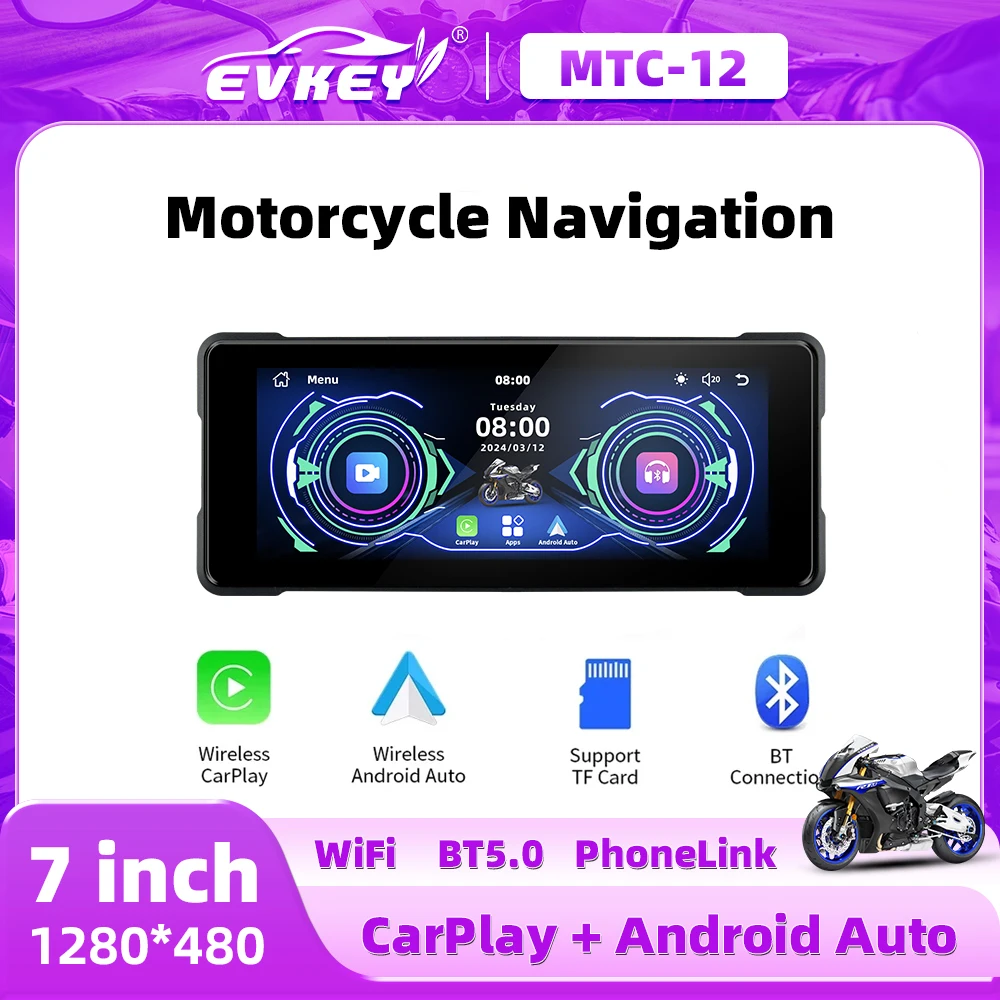 EVKEY 7.0inch Motorcycle CarPlay Wireless GPS Navi Wireless Android Auto Front Rear Dual Bluetooth Optional DVR