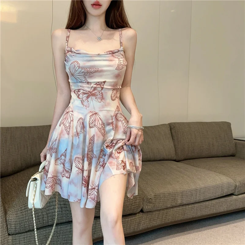 

Pure desire wind butterfly print halter dress summer new niche design sense waist casual commuter dresses