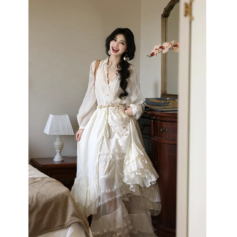 2025 nova chegada primavera outono feminino solto casual a linha vestido em camadas retalhos lanterna manga vestidos de algodão de boa qualidade t274