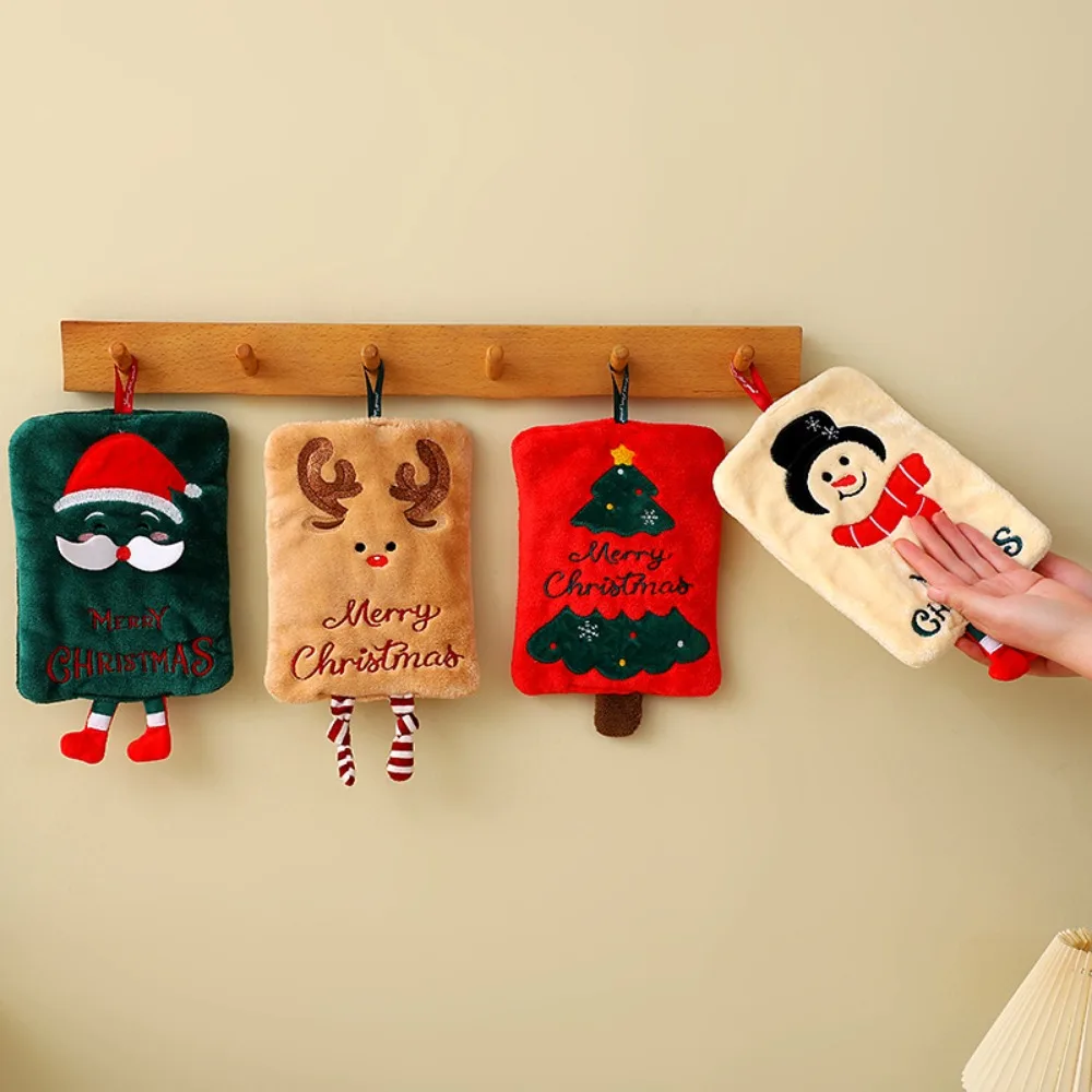 Coral Fleece Merry Christmas Hand Towel Embroidered Pattern Water-absorbent Christmas Handkerchief Quick-drying Soft