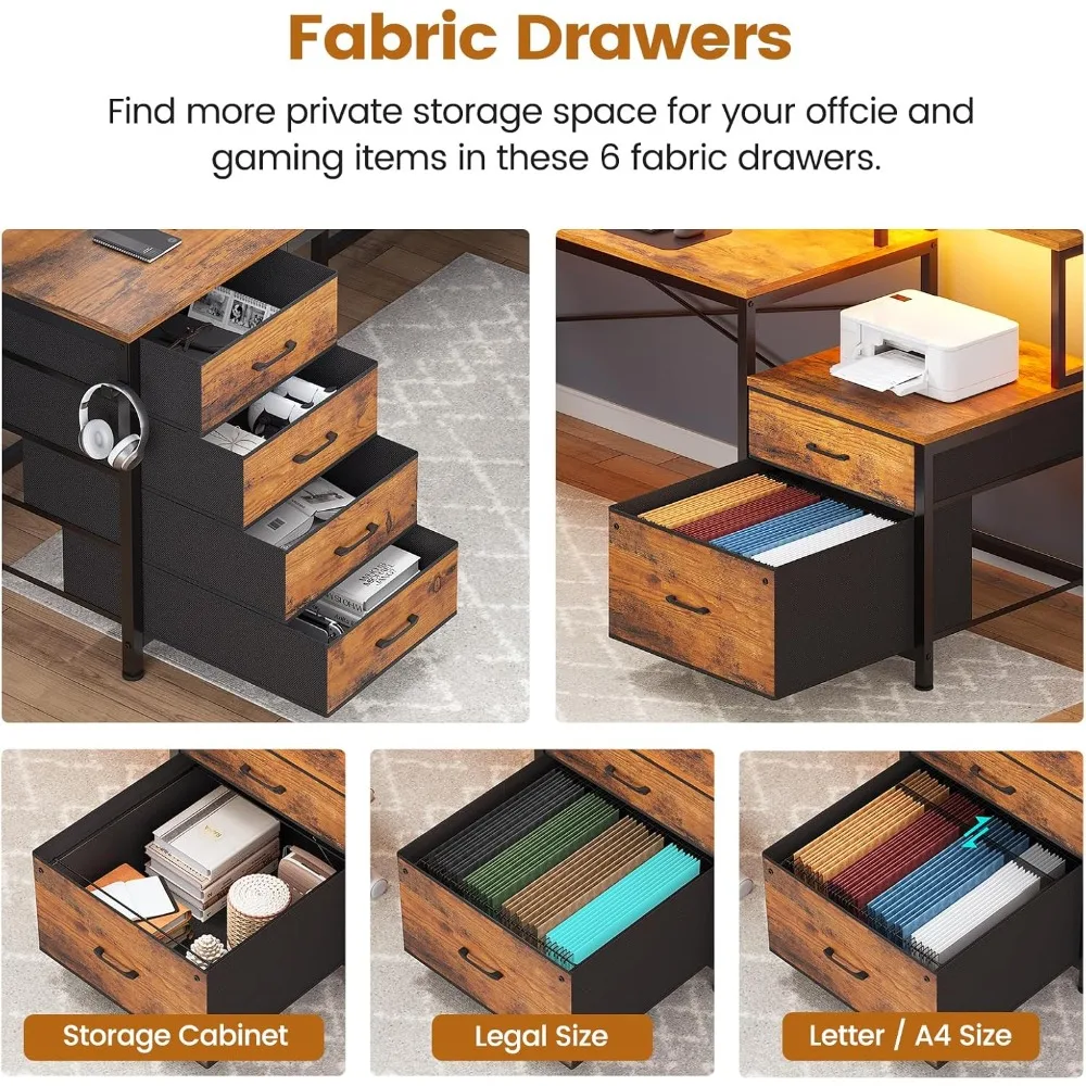 L Shaped Desk with 6 Drawer, 108" Home Office Desk with File Drawer & Power Outlet, Corner Computer Desk with Monitor Shelf