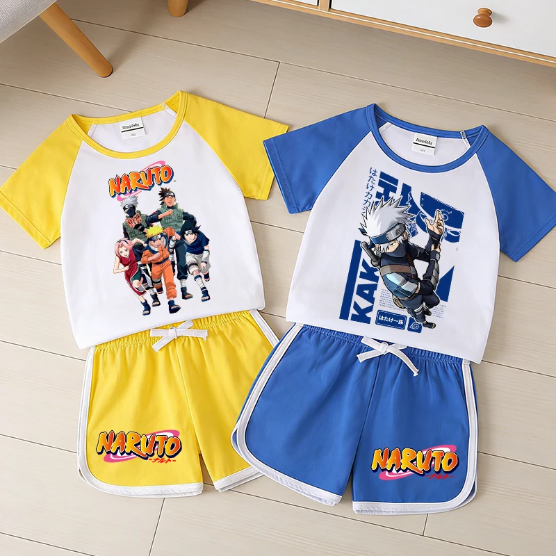 

New Naruto Raglan Sleeve Short Sleeves Shorts Suit Children Fashion T-shirt Set Boy Girl Anime Cartoon Sportswear Set Kids Tees