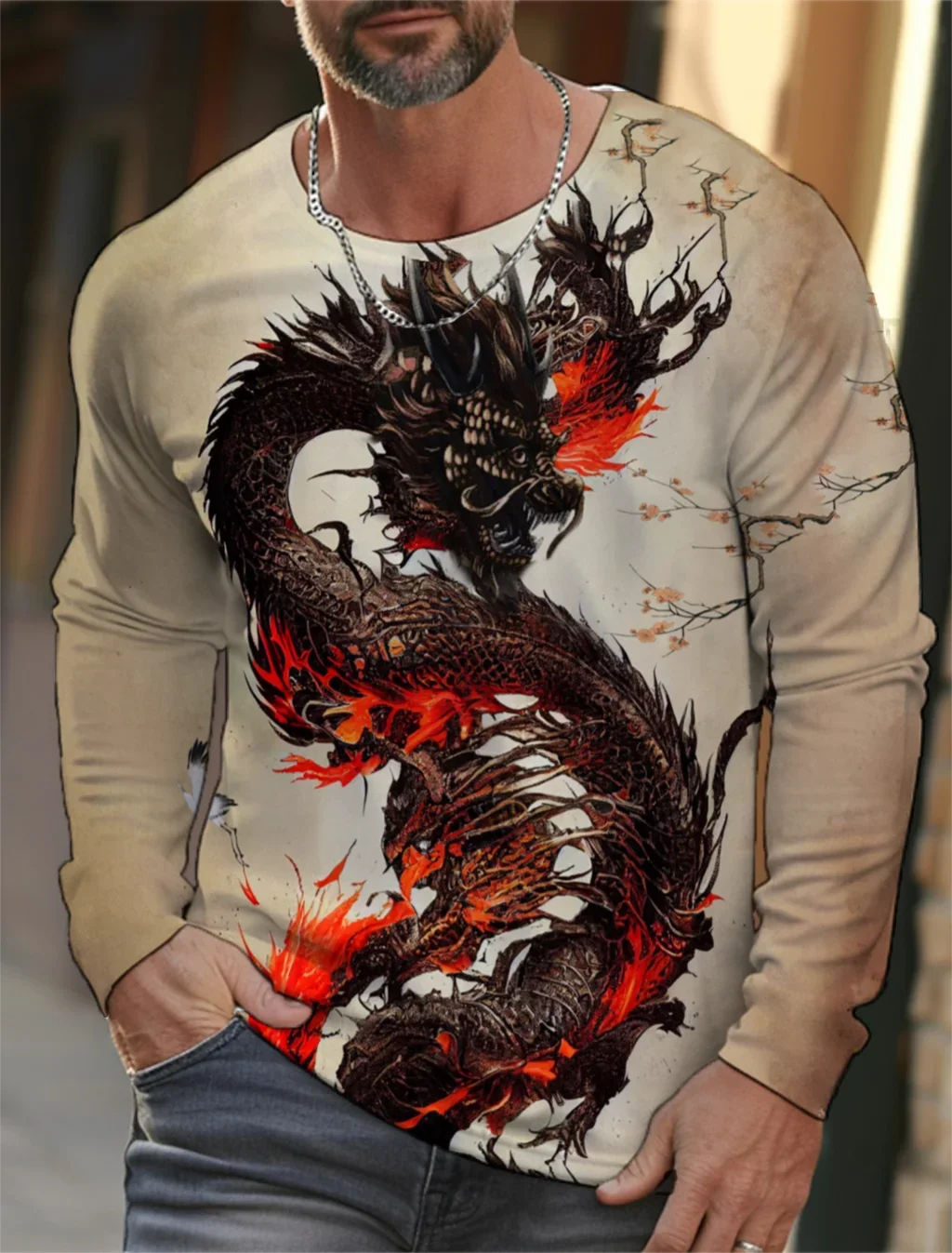 New trend street style high turning rate animal dragon 3D printing cool T-shirt warm fashion casual men\'s long sleeve round neck