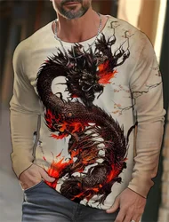 New trend street style high turning rate animal dragon 3D printing cool T-shirt warm fashion casual men's long sleeve round neck