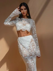 White Elegant Embroidery Hollow Out Beach Dresses Set Sexy See Though Crop Tops Long Skirts Women Sets Summer Women Outfits