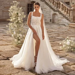 Sexy Slit Wedding Dresses Luxury Beading Applique Tulle A Line Boho Bridal Gown Sweep Train Vestido De Noiva Bride Dress
