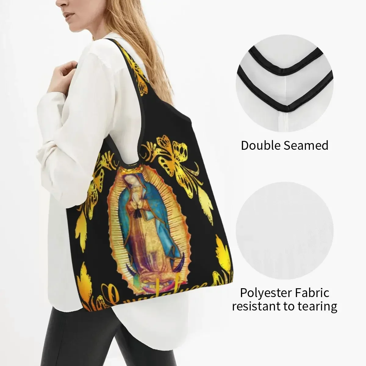 Cute Our Lady Of Guadalupe Virgin Mary Shopping Tote Bags Portable Mexico Mexican Virgen Maria Groceries Shopper Shoulder Bag