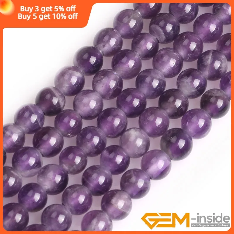 Big Hole 1.5mm-2mm Natural Gem stone 6mm-10mm Purple Amethysts Round Shape Beads For Jewelry Making DIY Bracelet 15\