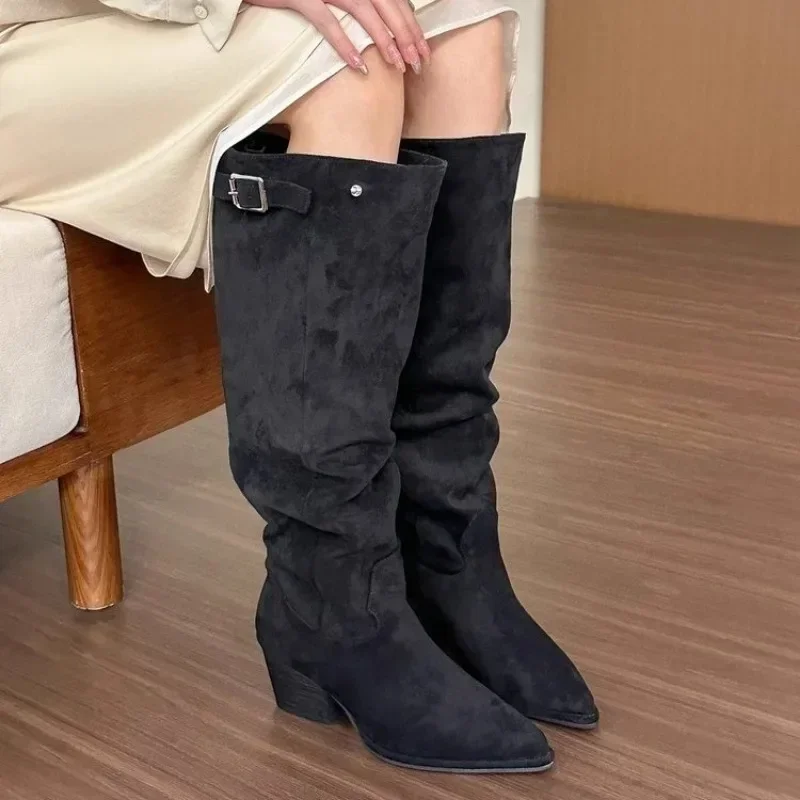 2024 Hot Selling Women\'s Shoes Spring and Autumn Fashion Pointed Toe Women\'s Boots Suede Square Heel High Women\'s Fashion Boots