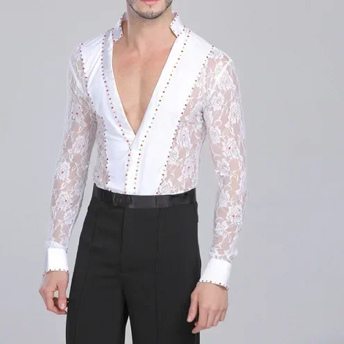Mannen Latin Dance Kanten Kledingstuk Dans Wals Ballroom Dans Kledingstuk Prestaties Latin Man Shirts Kledingstuk Tops