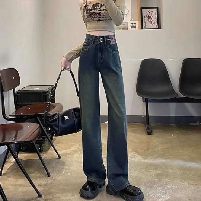 Celana Denim Kasual Solid Pinggang Tinggi Jeans Longgar Antik Celana Panjang Fashion Wanita Jeans Lurus Jeans Kaki Lebar Panjang Lantai Wanita