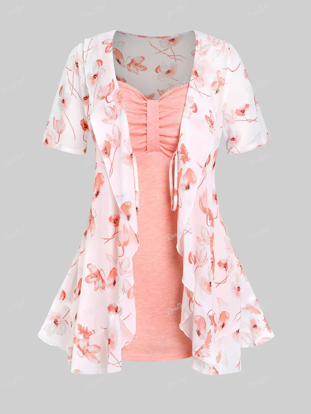 ROSEGAL Plus Size Ruffle Floral Print Blouse And Tank Top Set Women Spring Summer Front Tie Tee,Spaghetti Strap Vest Two Pieces