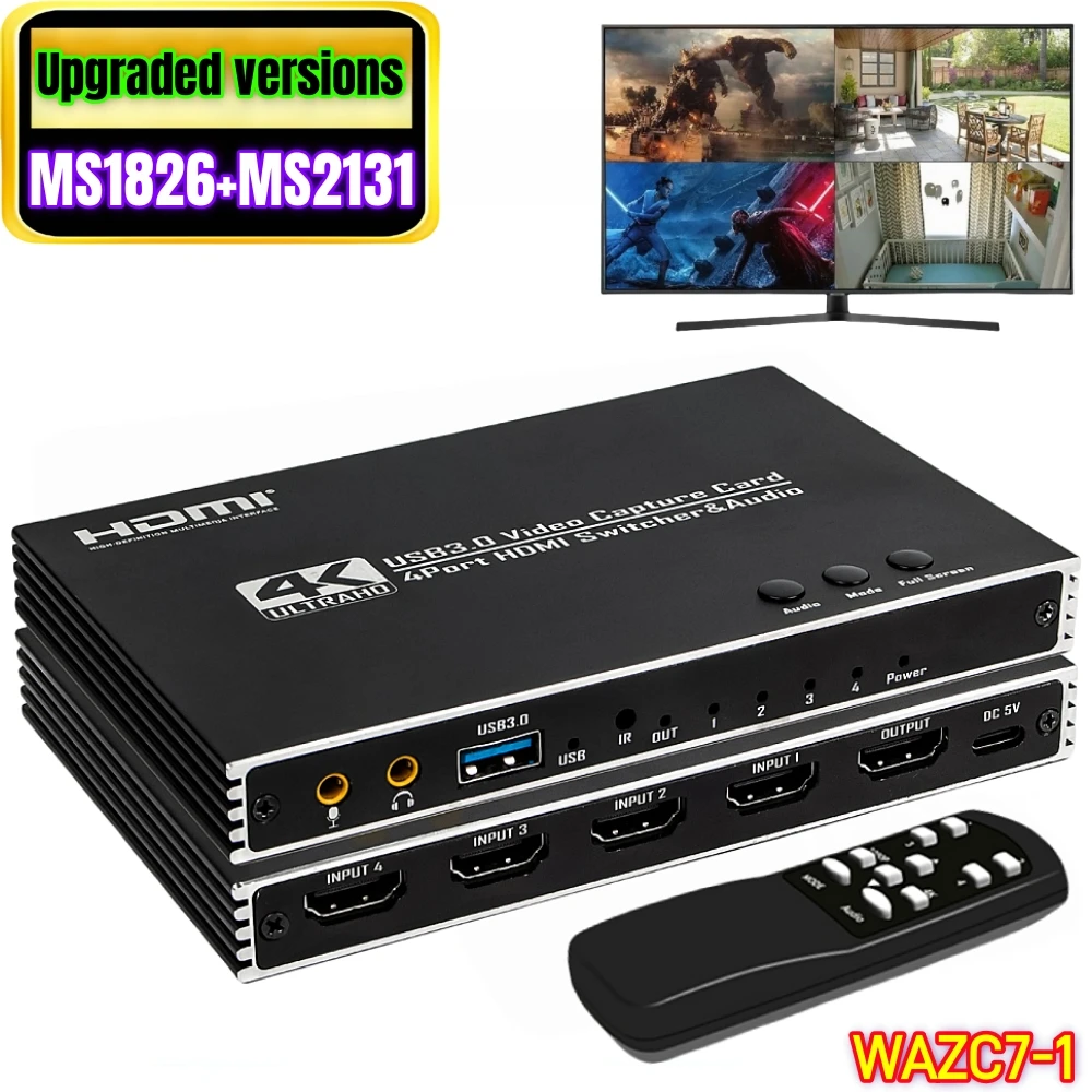 4 In 1 Out Quad Screen HDMI Video Capture Card USB 3.0 4K Multi-Viewer Switch Game Capture Card For Live Streaming With Audio