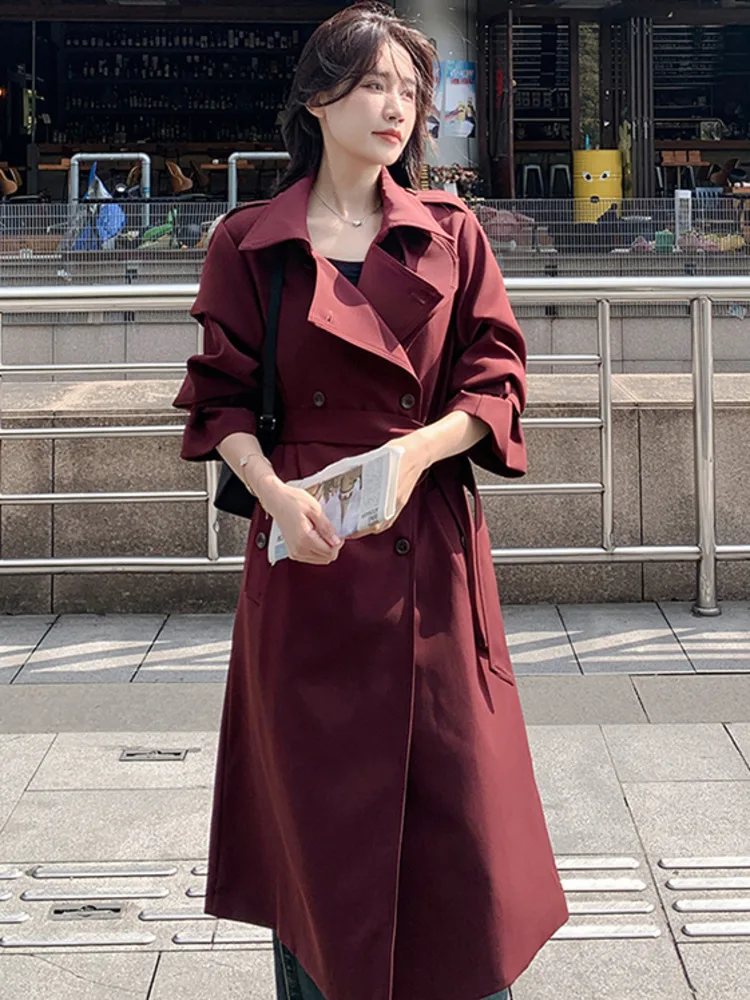 LANMREM Rode Trenchcoat Vrouwen Lange Stijl Riem Taille 2025, Lente Nieuwe High-end Windjack Kantoor Dame Mode Kleding 2DB1897