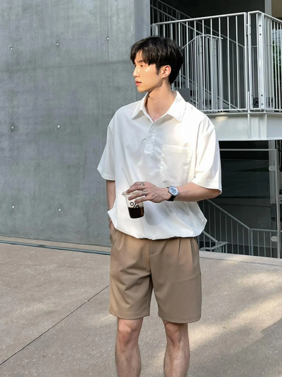 

Ice Silk irt Men's ort Sve Summer Cool Feeling Four-Sided Flip Collar Loose Fit Casual irt Polyester Fiber
