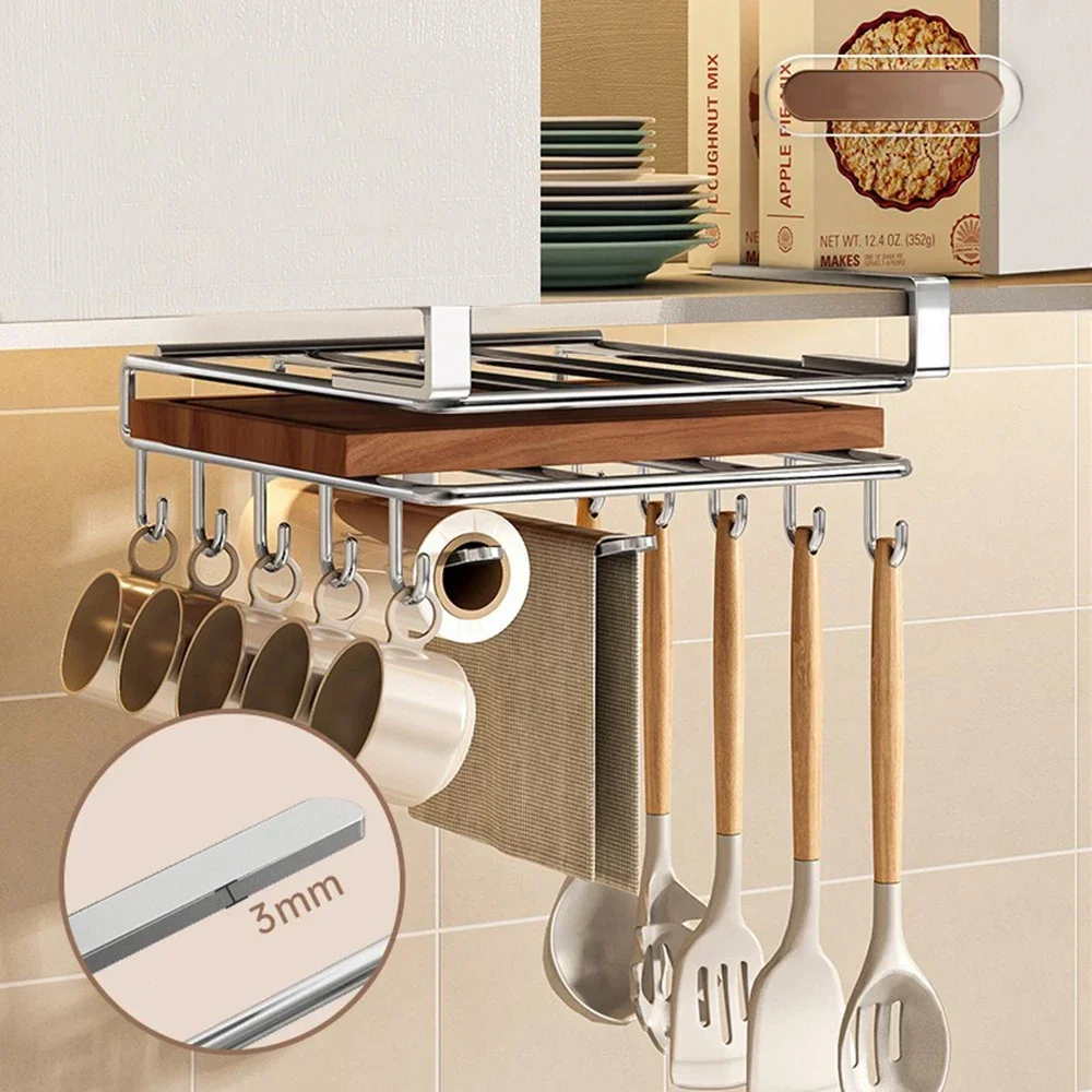 Stainless Steel Kitchen Hanging Cabinet with Hooks Cutting Board Pot Covers Storage Towel Rags  Under Cupboard Hanger Organizers