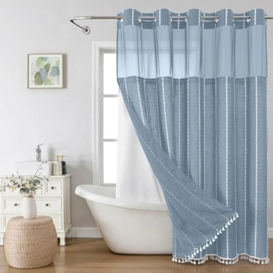 

Boho Farmhouse No Hook Shower Curtain Set with Snap-in Fabric Liner, Heavy-Duty Linen Textured Rustic Striped Design, Water-Rep