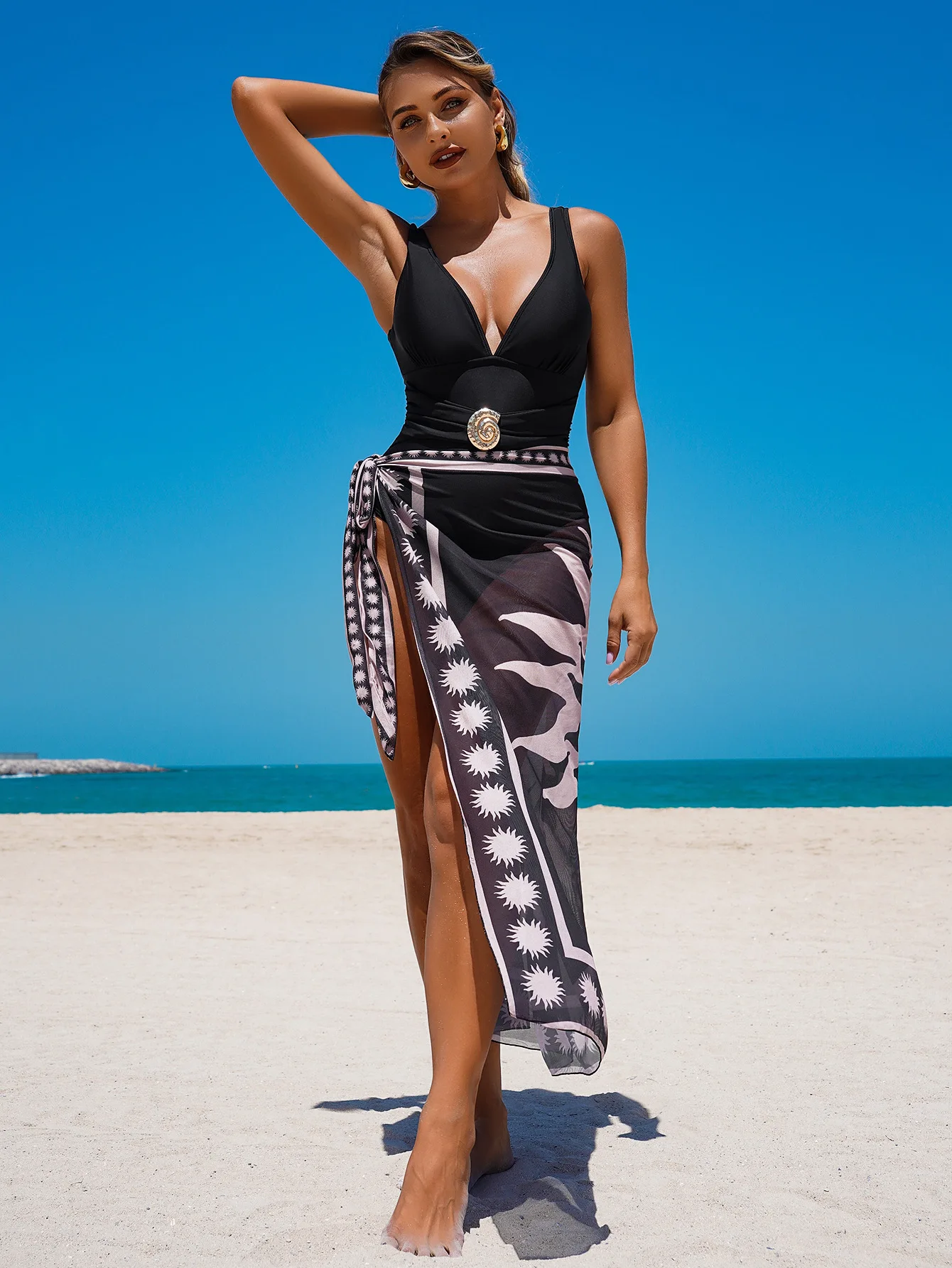 

With Printed Sarong Deep V Neck Backless Women Swimwear 2025 One Piece Swimsuit Female Monokini Padded Bather Bathing Suit Swim