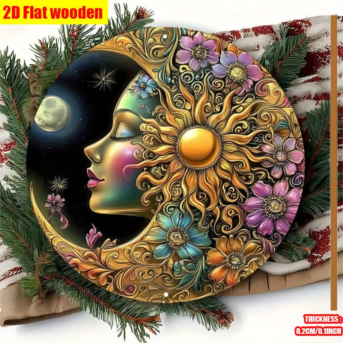 2D Flat Boho Sun Moon Wooden Wall Sign, Celestial Hanging Plaque for Indoor Outdoor Porch Kitchen Garage Garden Office Dining Ro