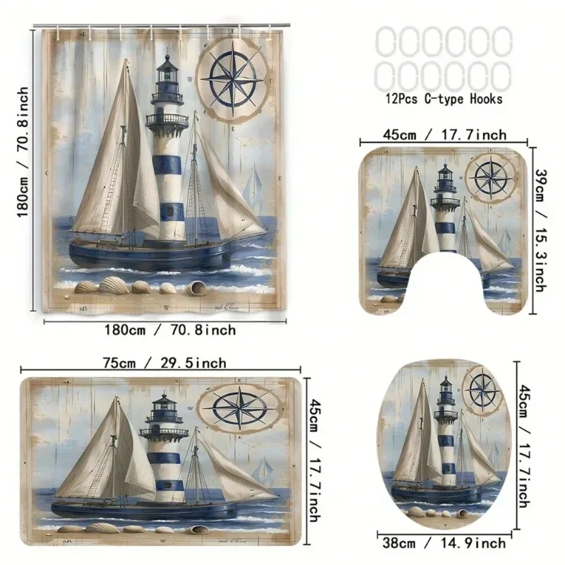 4Piece Sailboat Printed Bathroom Set, Including Shower Curtain, Toilet Seat Cover,Bath Mat, Bathroom Accessories With Hooks