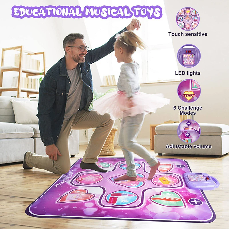 QWZ Dance Mat Toys Kids Game Dance Pad with LED Lights 6 Game Modes Adjustable Volume Built-in Music for Girls Ages 3-10 Gifts