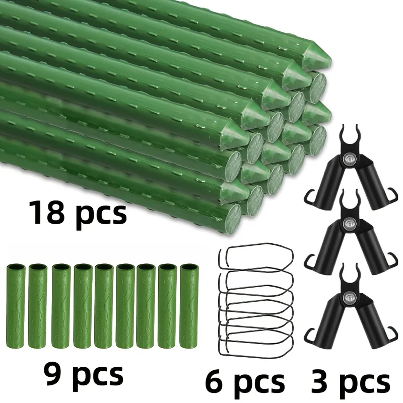 36-Piece Durable Garden Support Stake Set - Pet-Coated Metal Core, Includes 18 Support Rods, 3 A-Shaped Connectors, 6 Universal Clips, 9 Connecting Tubes, Anti-Corrosion, Easy to Insert for Climbing Plants, Vines, Fruits, and Vegetables