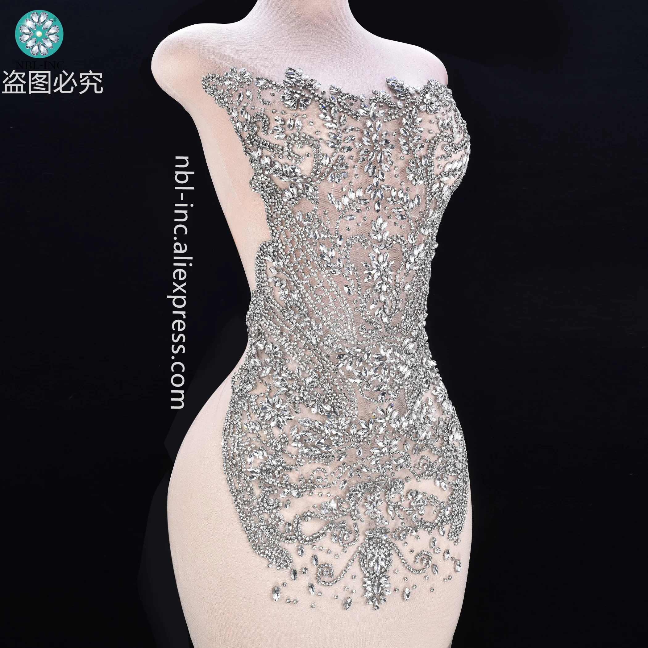 (1PC) Luxury silver hand sewn rhinestone bodice applique patch for wedding party prom dress WDD1403