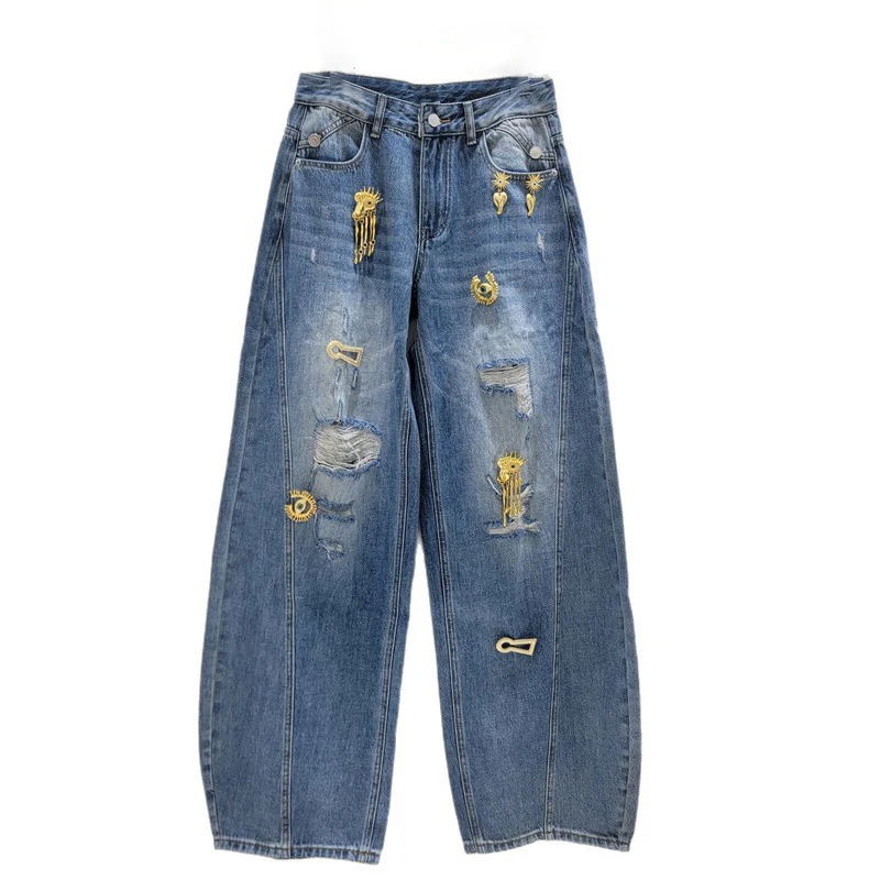 WTHT Trendy Summer 2026 Women 3D Decorations Irregular Holes Denim Pants High-waist Pockets Loose Straight Jeans Female 1LS3130