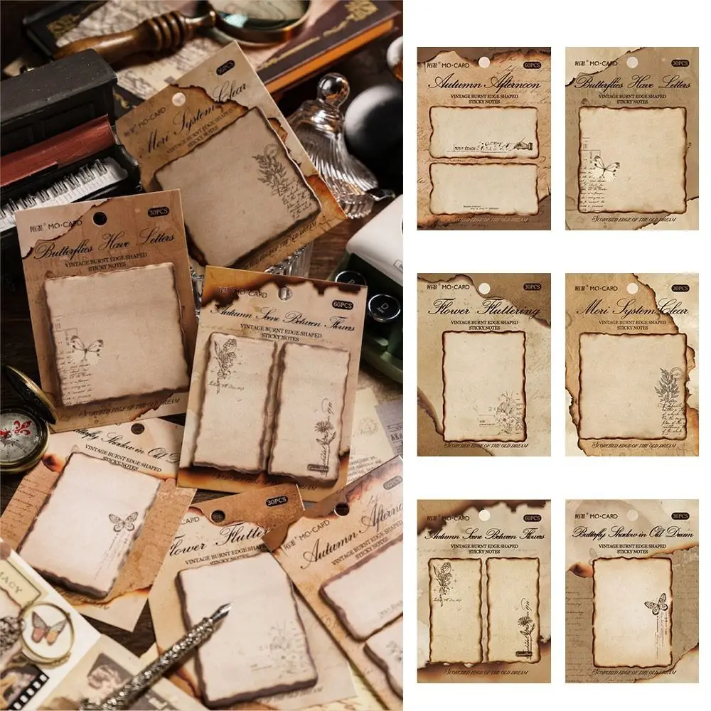 Fashion Vintage Burnt Series Sticky Notes Self-adhesive 60 Sheets Memo Pad Plant Pattern Blank Label Sticker Stationery