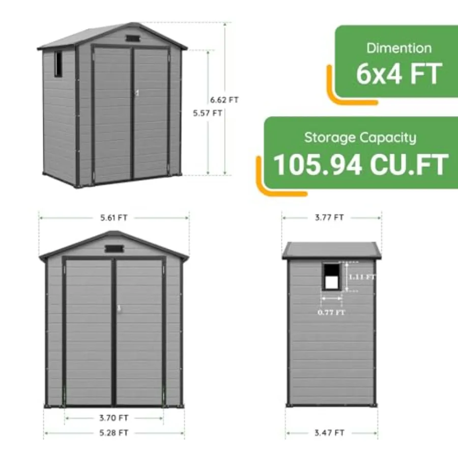Outdoor storage shed for backyard use, durable plastic material, gray color, includes floor for stability and weather resistanc