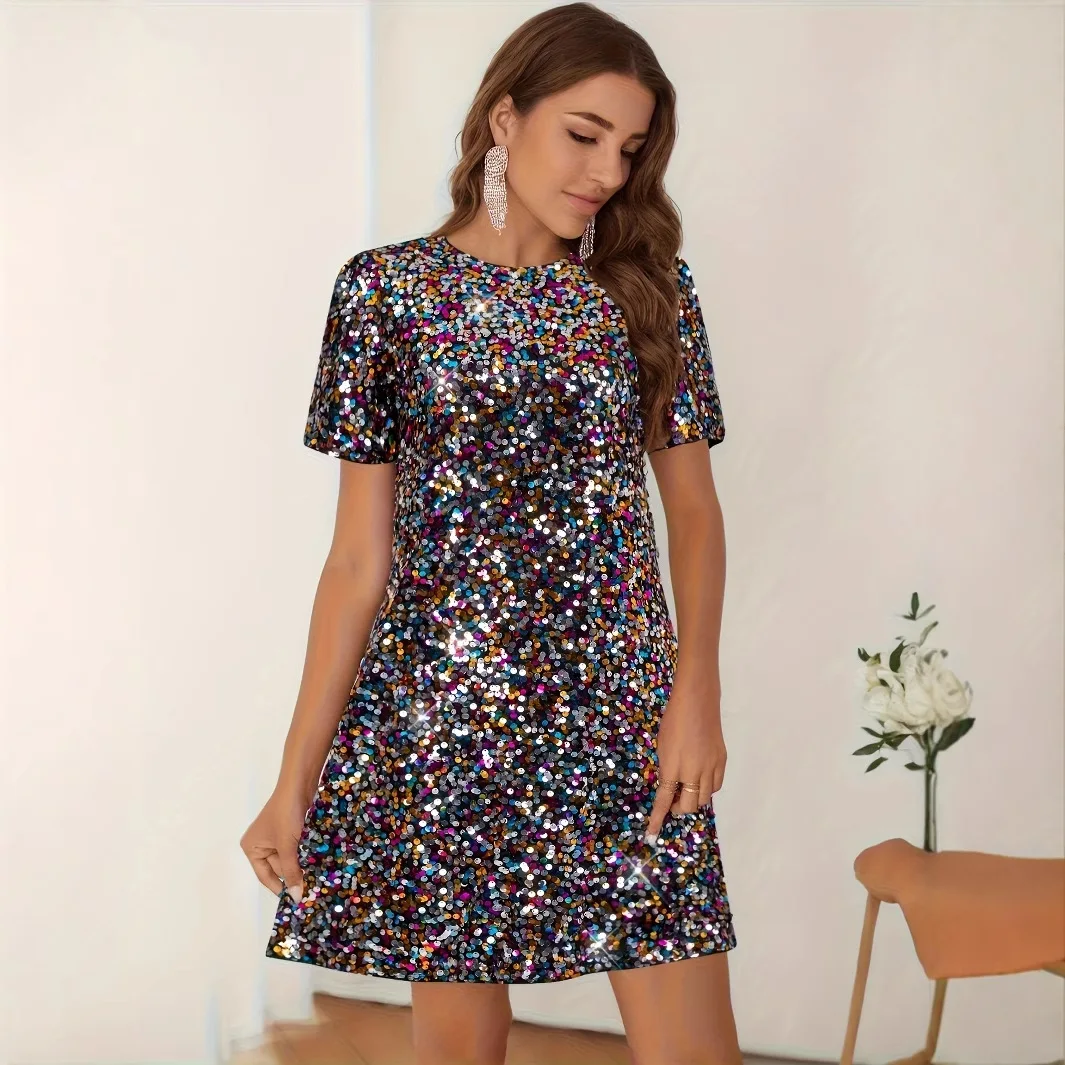 

New Sequined Dress with Elegant Temperament Short Style for Women Parties