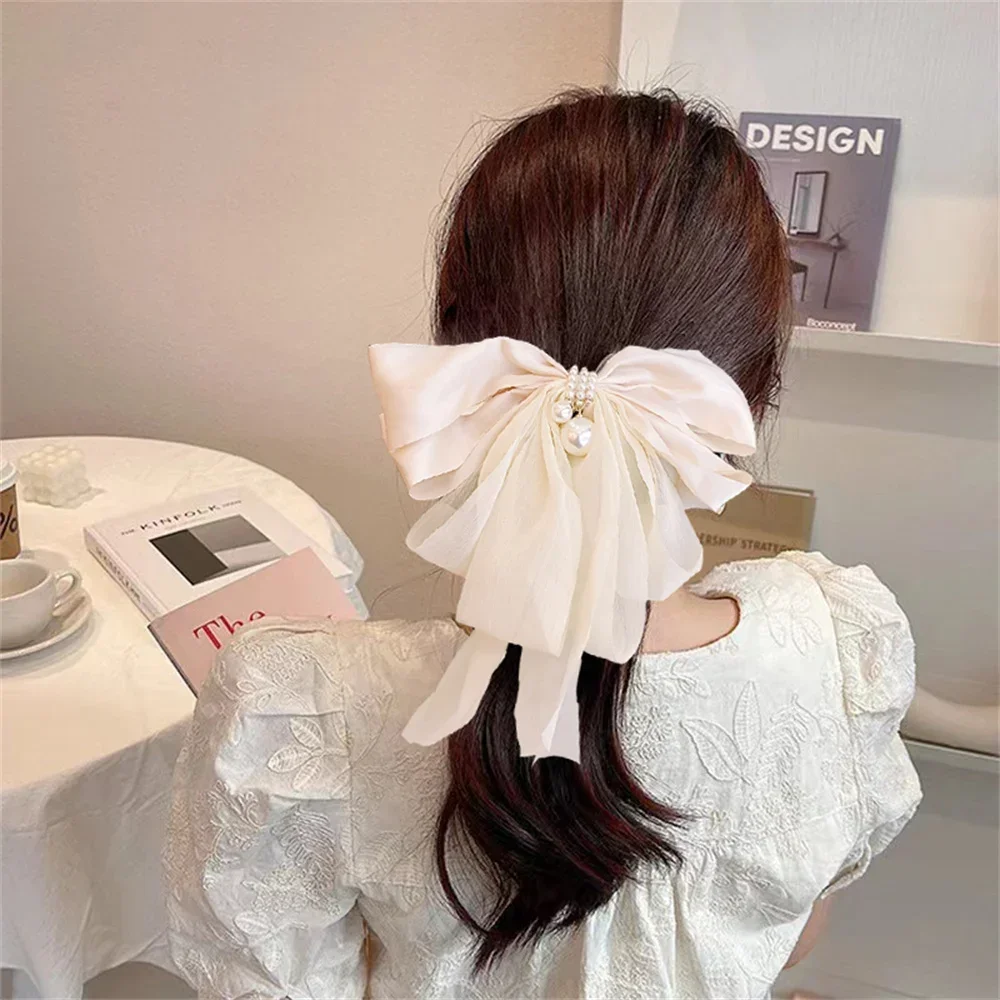 Elegant Bow Long Ribbon Hair Clip Simple Solid Satin Spring Clip Fashion HairPin Retro Headband with Clips Girls Hair Accessorie