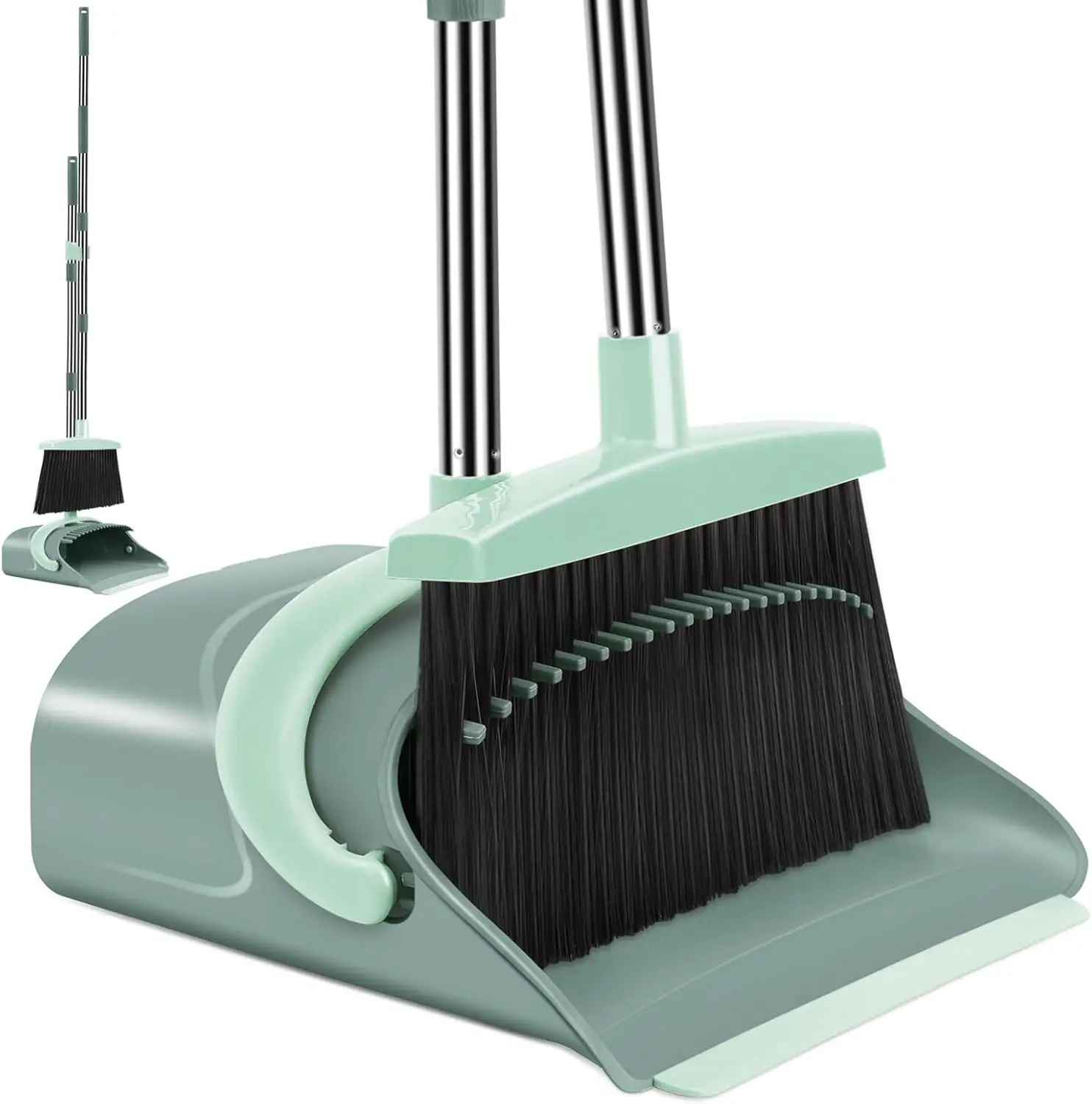 

Long Handle Broom and Dustpan Set for Home, Kitchen, Office - Gray & Green Upright Stand