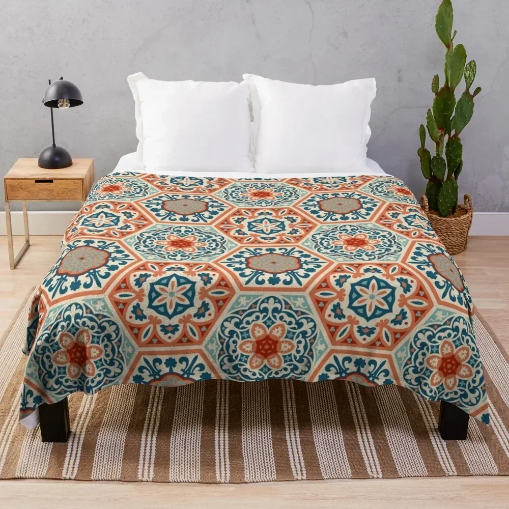 

PATCHWORK tiles 01, terracotta orange and teal blue Throw Blanket warm winter anime Blankets