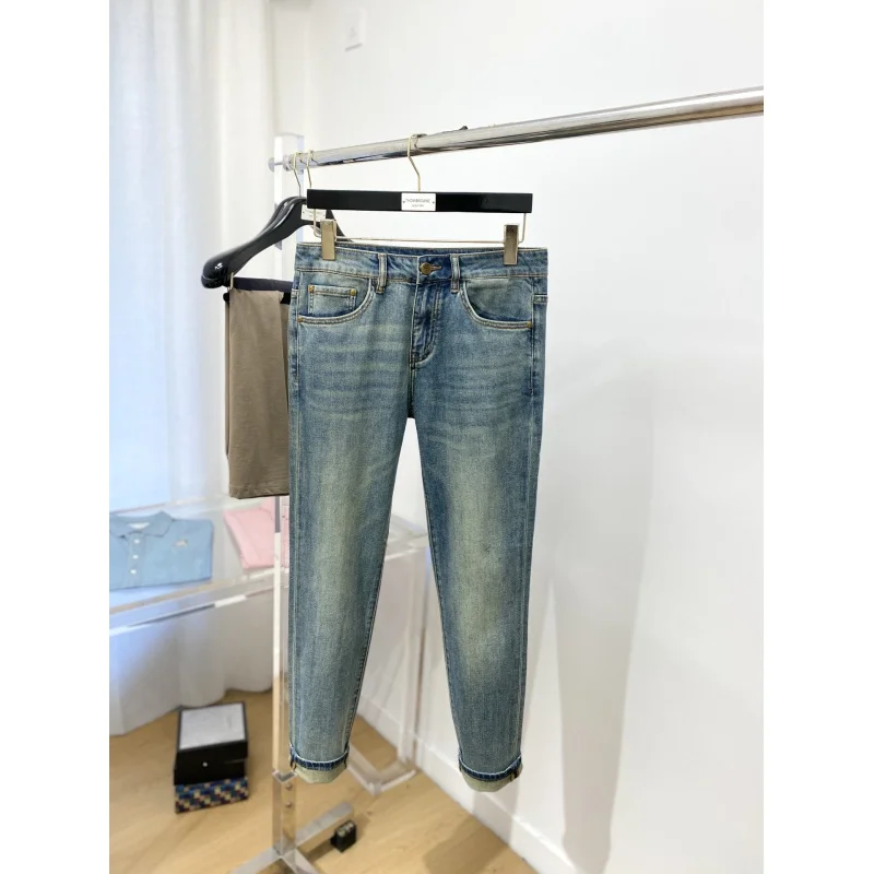 

High-grade retro blue jeans men's slim-fitting small straight stretch casual all-match simple trendy fashion light luxury pants