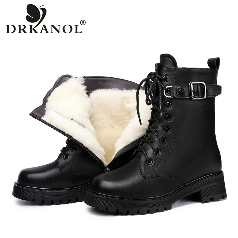 

DRKANOL Winter Snow Boots Women Genuine Leather Natural Wool Square Heel Mid Calf Boots Non-slip Rubber Sole Shearling Boots