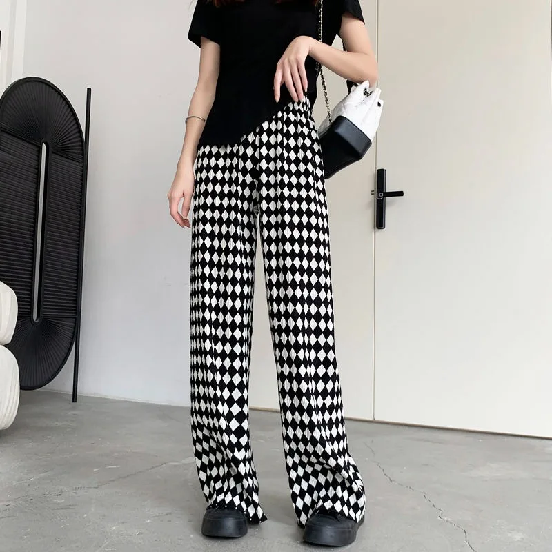 

Black White Rhombus Plaid Wide-leg Women's Summer Versatile Loose Floor-mopping Trousers High-waisted Drape Straight-leg Pants