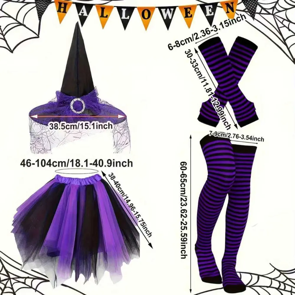 Ladies Complete Striped Witch Cosplay Outfit Set Ruffle Skirt Matching Witch Hat Stockings Halloween Carnival Theme Party