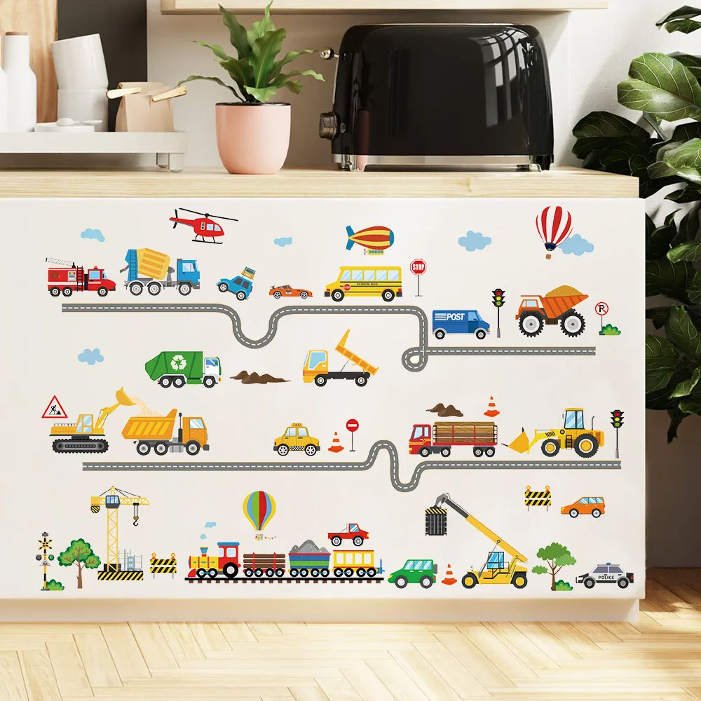 Car Road Transport Vehicles Wall Stickers Construction Vehicles  Tractor Excavator Truck Wall Decals Living Room Bedroom