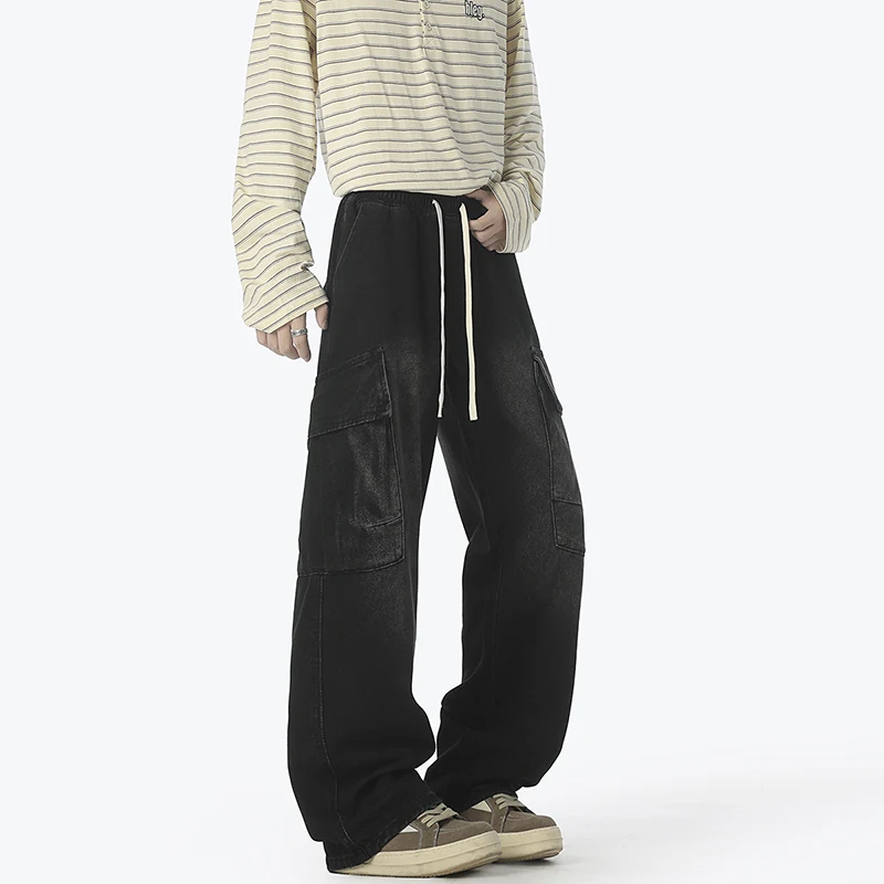 جديد ربيع خريف 2026 سراويل جينز زرقاء مغسولة للرجال سراويل واسعة الساق غير رسمية فضفاضة تناسب ملابس الشارع الشهير مع جيوب #6