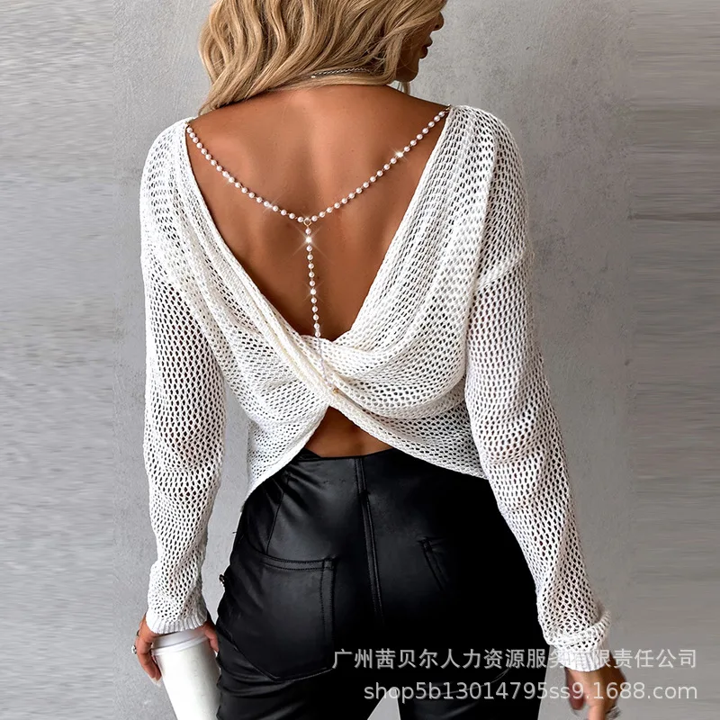 Spring Summer New Women\'s Solid Color Backless Chain Round Neck Long Sleeve Woolen Top Blouse