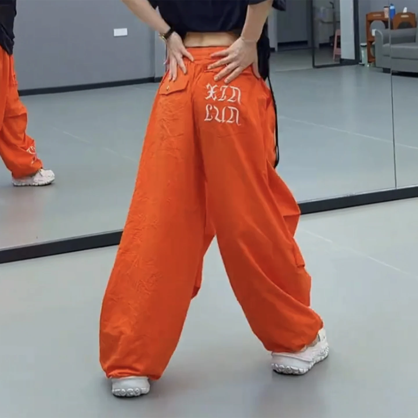 summer-casual-workwear-square-dance-pants-women's-loose-dancing-orange-fashion-straight-leg-sporty-trousers-trendy-high-waist