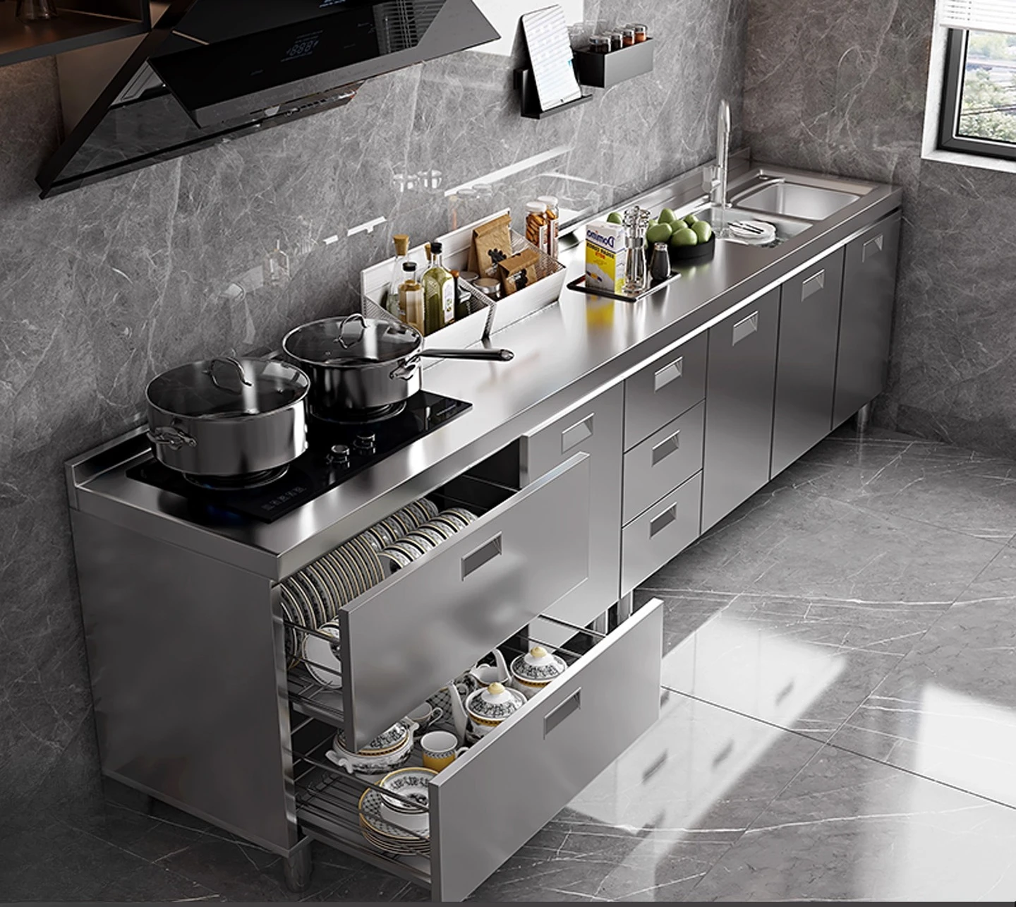 Küchenschränke aus Edelstahl 304, integrierter, verdickter Aufbewahrungsschrank auf der Arbeitsplatte