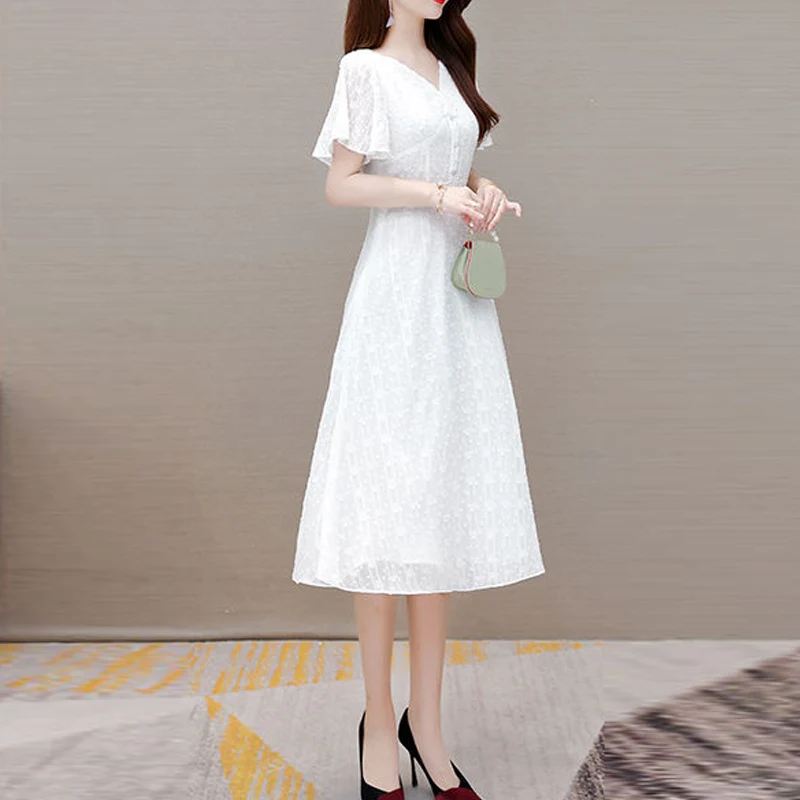 Elegant Sweet White Lace Chic Party Dresses for Women Summer Fashion V Neck Short Sleeve Slim Fairy Midi Dress Robe Clothing 4XL
