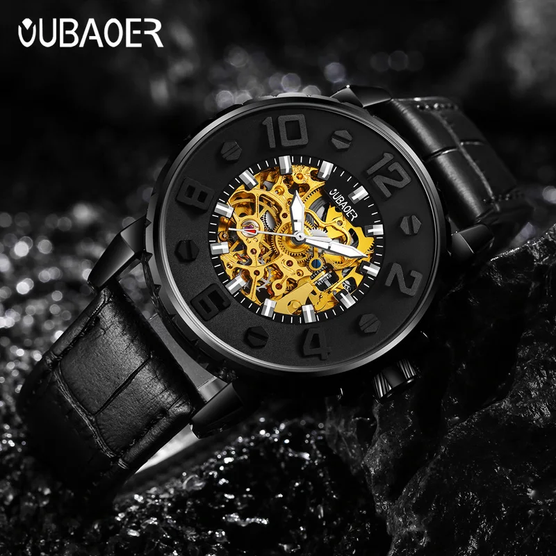 OUBAOER Men's Automatic Mechanical Watches with Hollow Design Dial, Fashion Sports Wirstwatch, Leather strap Gift Clock for Men