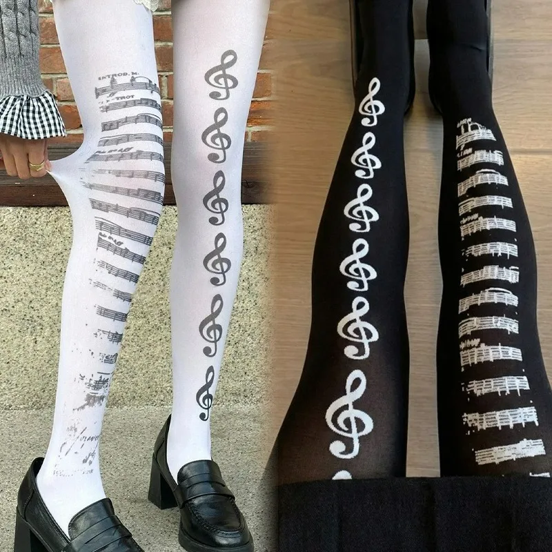 

Subculture Pantyhose Women Y2K Music Note Tights Piano Pattern Leggings Gothic Punk Style Super Elastic Long Socks Stockings