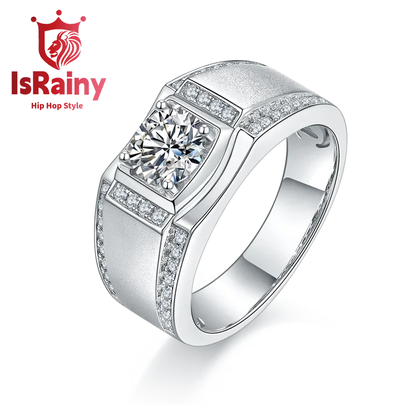 

IsRainy Hip Hop Rock Solid 925 Sterling Silver Real GRA Moissanite Diamonds Men Rings Round Engagement Anniversary Fine Jewelry