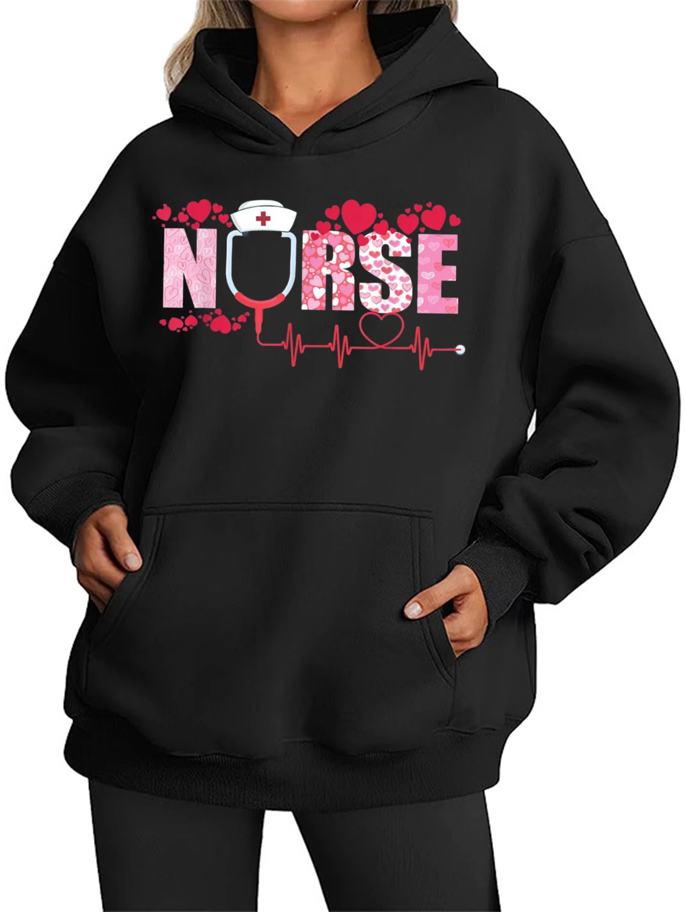 Nurse Valentines Day Heart Stethoscope Cute Love Nursing Halloween Long-sleeved Hooded Winter Fall Outfits Plus Size  Sweatshirt