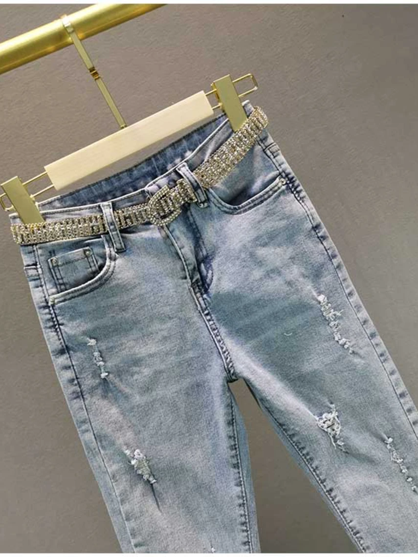 Lente Zomer Hete Strass Franjes Potlood Broek Stretch Slanke Hoge Taille Lichtblauwe Gescheurde Jeans Vrouwen Denim Broek Feme Trouses